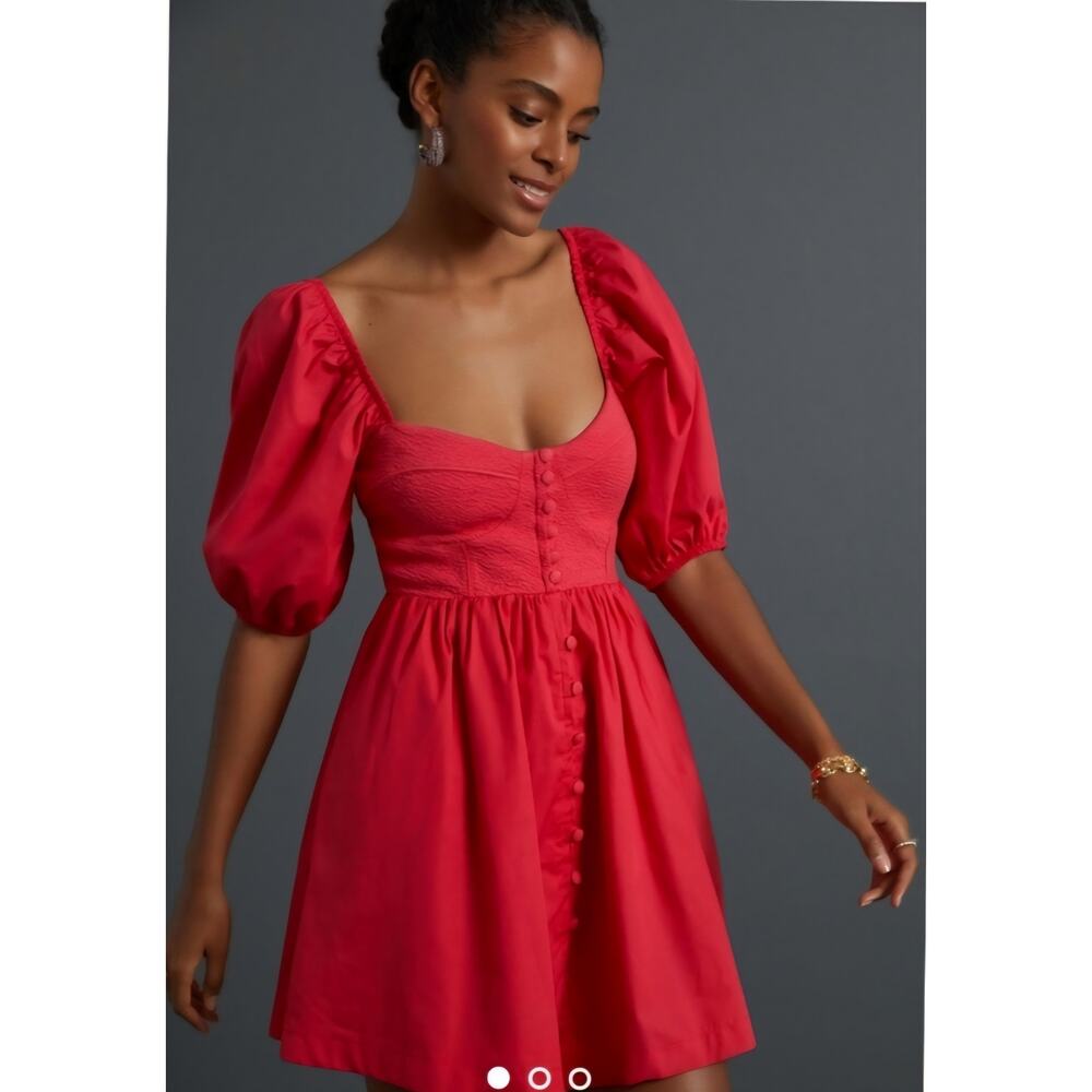 Maeve by Anthropologie Pink Puff Sleeve Button Front Mini Dress Size Small